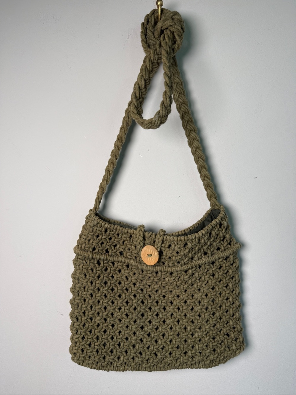World Market Crochet Rope Shoulder Bag Olive Green Wood Button
